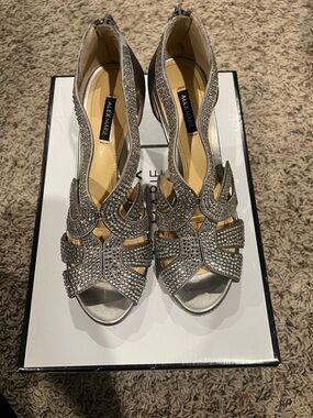 Alex Marie Silver Crystal Peep-Toe Heels